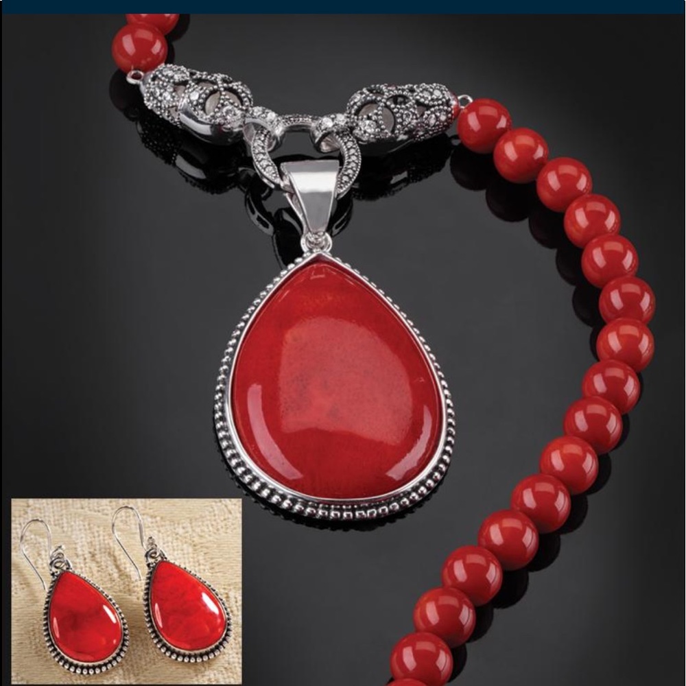 Stauer- Fire coral necklace and earring set - Picture 1 of 8